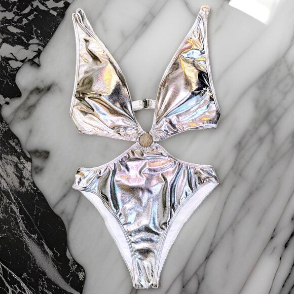 New Large Silver Metallic Monokini One Piece Swimsuit Beach Cutout Rave Fest - Picture 2 of 6